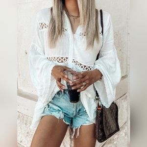 New Boho Open Lace Flowy Tunic Button Up Cover Up Dress White